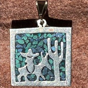 Vintage Turquoise Chip Inlay & Silver Pendant